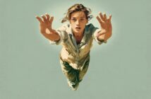 A person floating or falling through the air with arms outstretched.