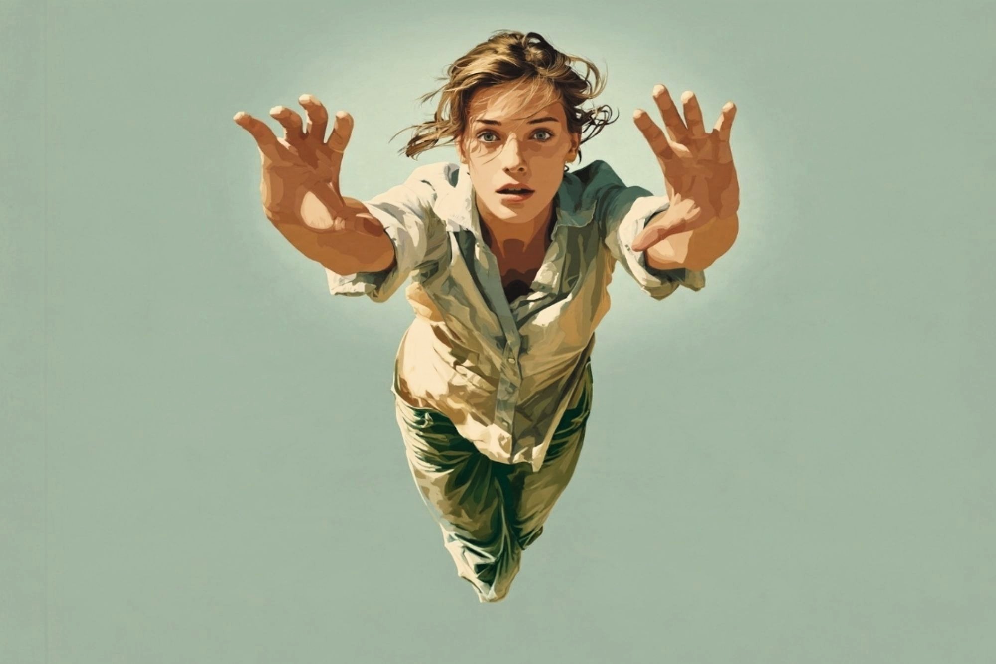 A person floating or falling through the air with arms outstretched.