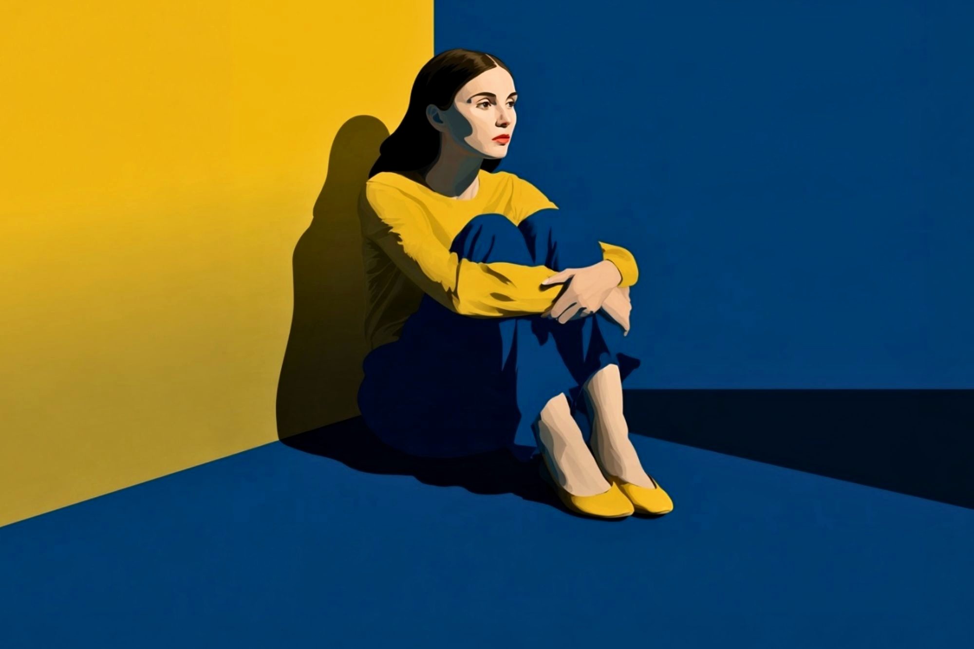 A woman in a yellow top and blue pants sits on the floor in the corner of a room with yellow and blue walls.