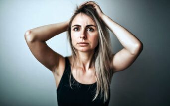 A woman in a black tank top with her hands raised to her head, looking forward with a concerned expression.