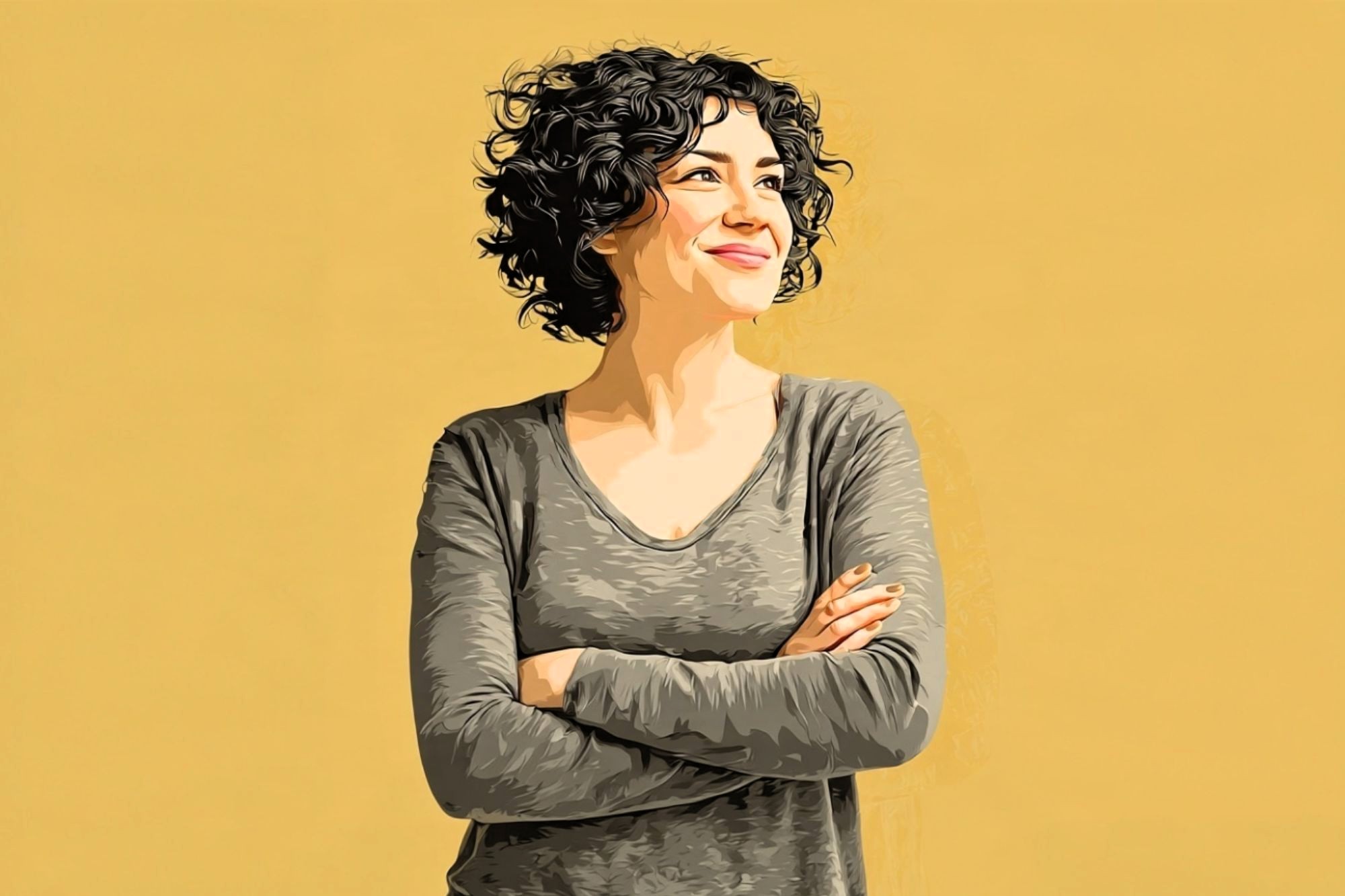 A smiling woman with curly hair stands with her arms crossed against a yellow background.