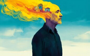 A man stands in profile; the top of his head transitions into a vibrant yellow and orange burst, with small houses and birds emerging from the colors, symbolizing imagination or memory.
