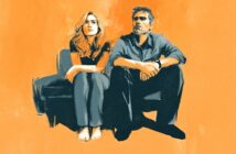 A man and a woman sit side-by-side on a bench, both looking upward with serious expressions, rendered in a sketch style against a solid orange background.