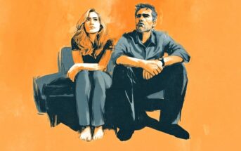 A man and a woman sit side-by-side on a bench, both looking upward with serious expressions, rendered in a sketch style against a solid orange background.