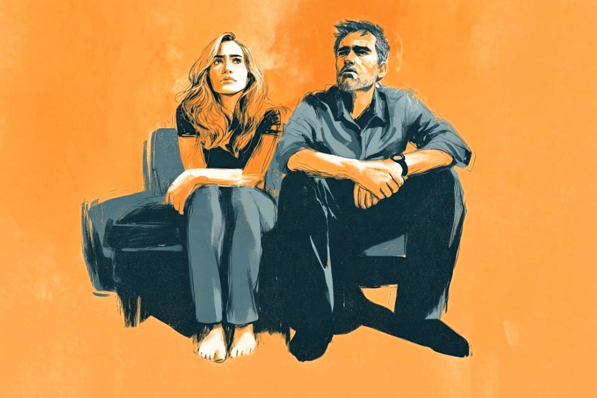 A man and a woman sit side-by-side on a bench, both looking upward with serious expressions, rendered in a sketch style against a solid orange background.