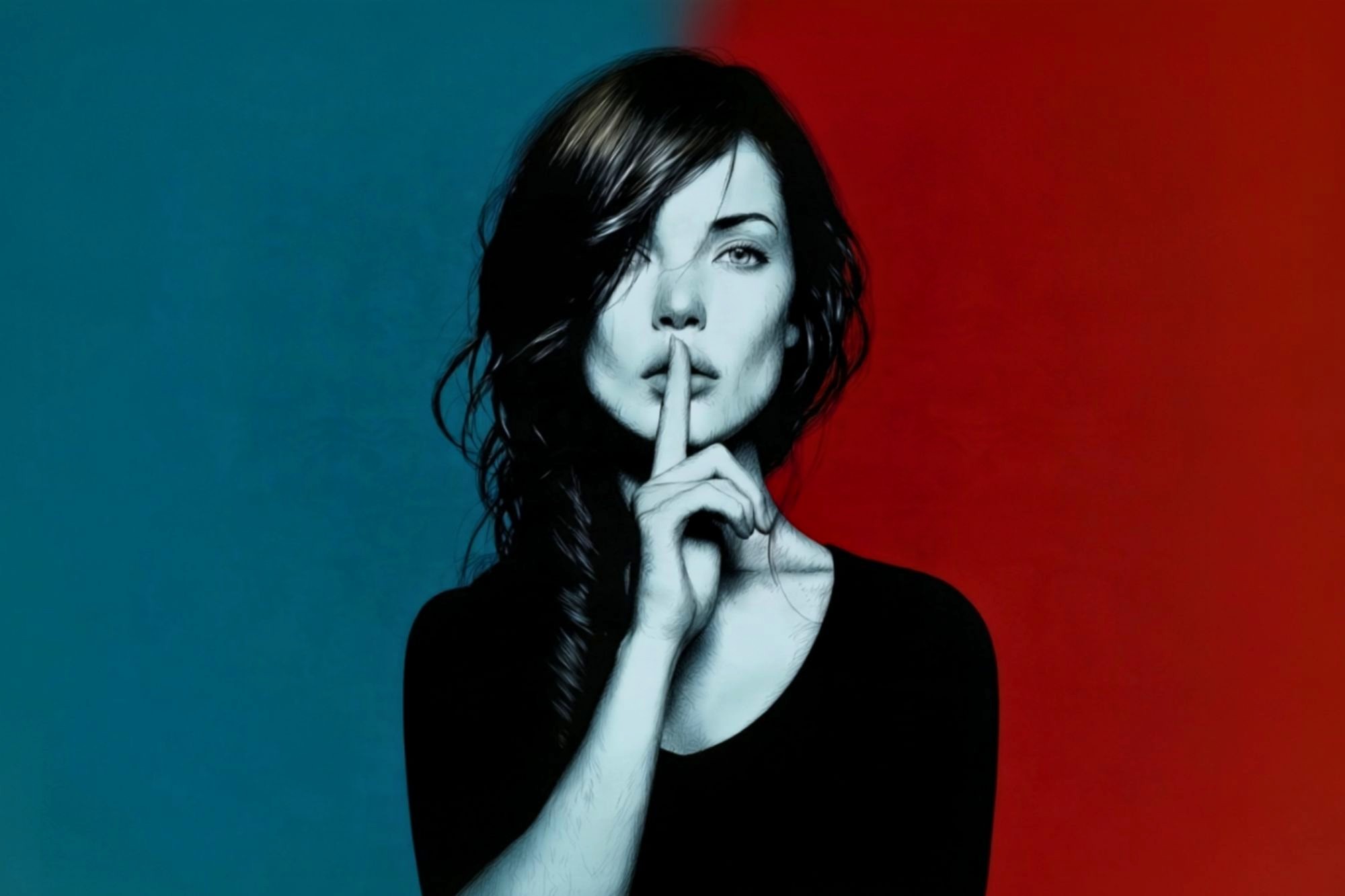 A woman with dark hair holds a finger to her lips, signaling silence. The background is split, blue on the left and red on the right.