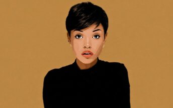 Digital illustration of a woman with short dark hair and a black top against a solid tan background.