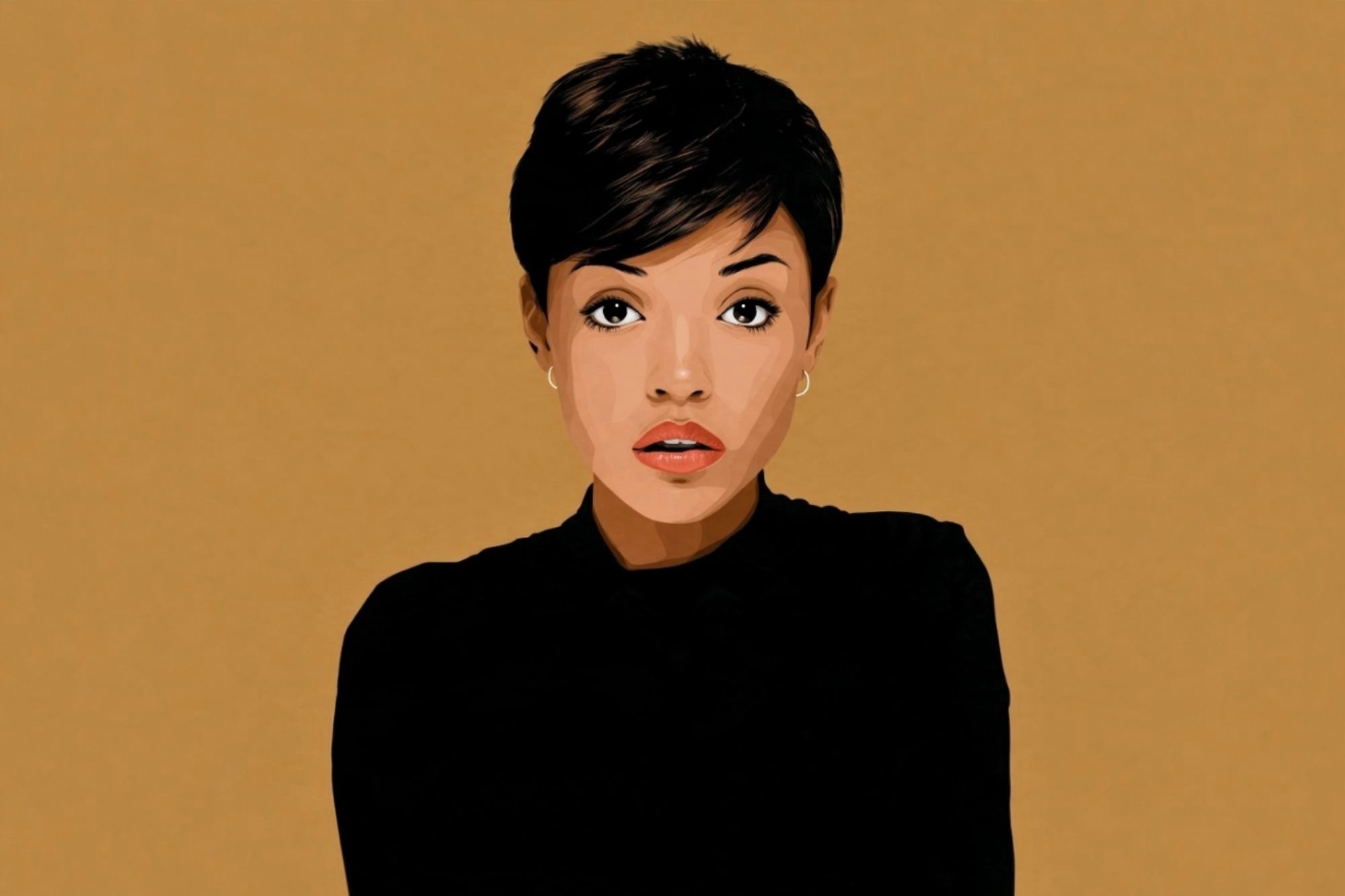 Digital illustration of a woman with short dark hair and a black top against a solid tan background.