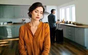 A woman in an orange shirt looks sad in a kitchen while a man with a suitcase stands by the window with his back turned, suggesting a tense or emotional moment.