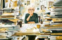 An elderly person with white hair and glasses sitting at a desk piled high with stacks of paper, looking overwhelmed.