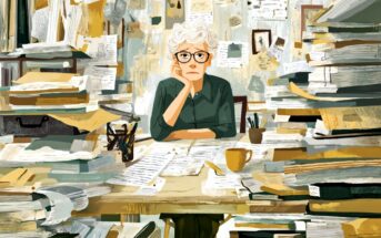 An elderly person with white hair and glasses sitting at a desk piled high with stacks of paper, looking overwhelmed.