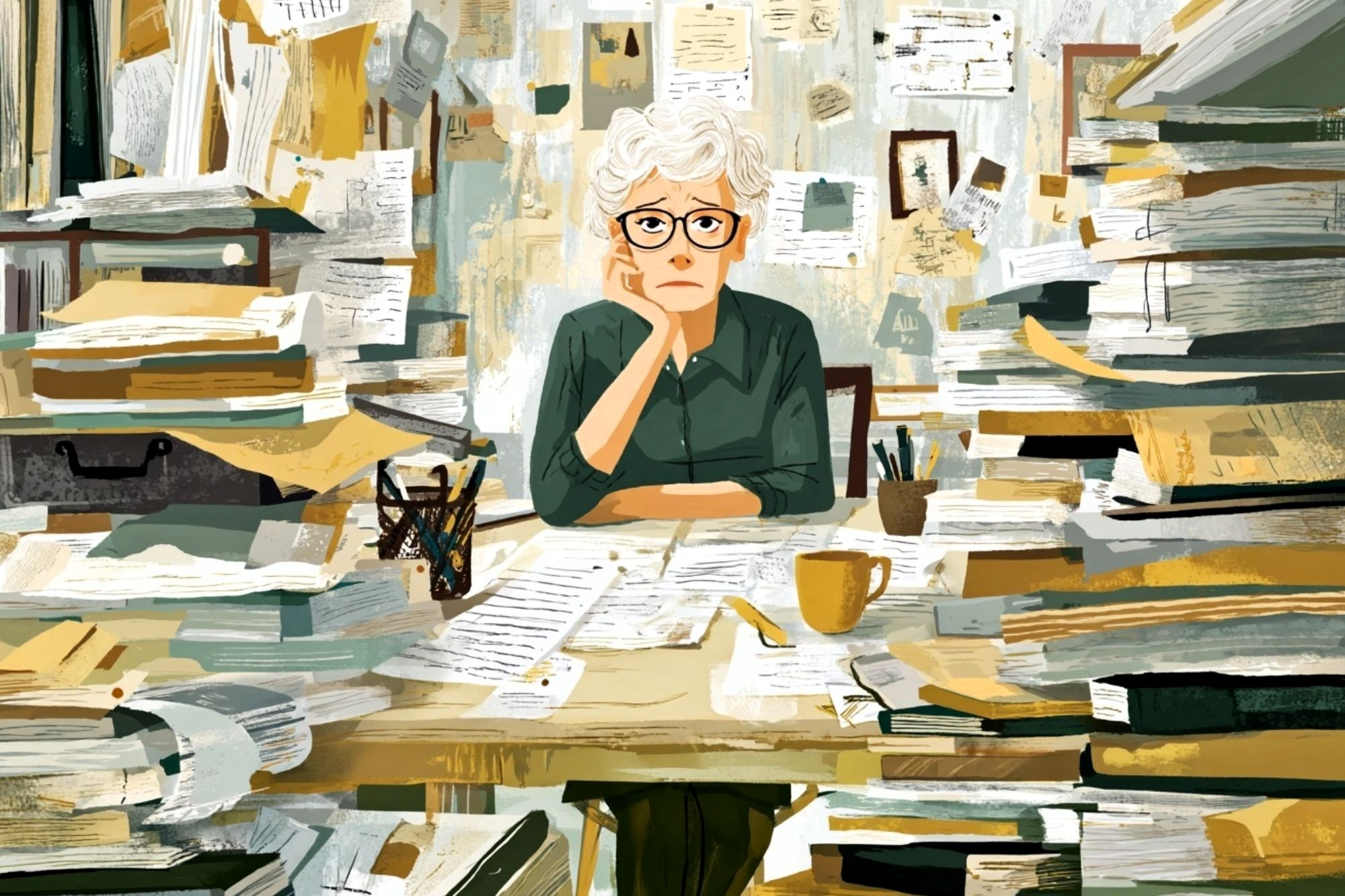 An elderly person with white hair and glasses sitting at a desk piled high with stacks of paper, looking overwhelmed.