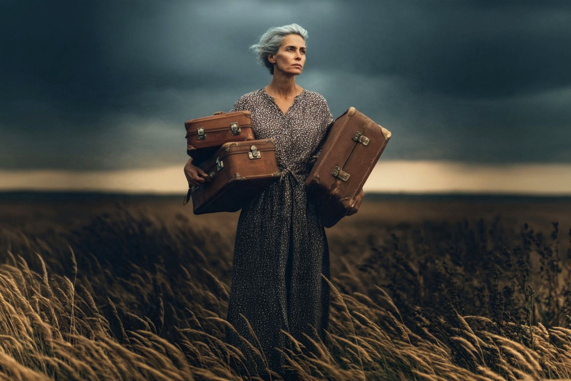 An older woman with gray hair stands in a windy field at dusk, wearing a patterned dress and holding three vintage suitcases, looking determined.