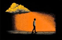 A silhouette of a person walking on a sidewalk under a rain cloud, set against a bright orange background.