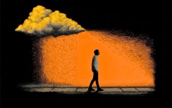 A silhouette of a person walking on a sidewalk under a rain cloud, set against a bright orange background.