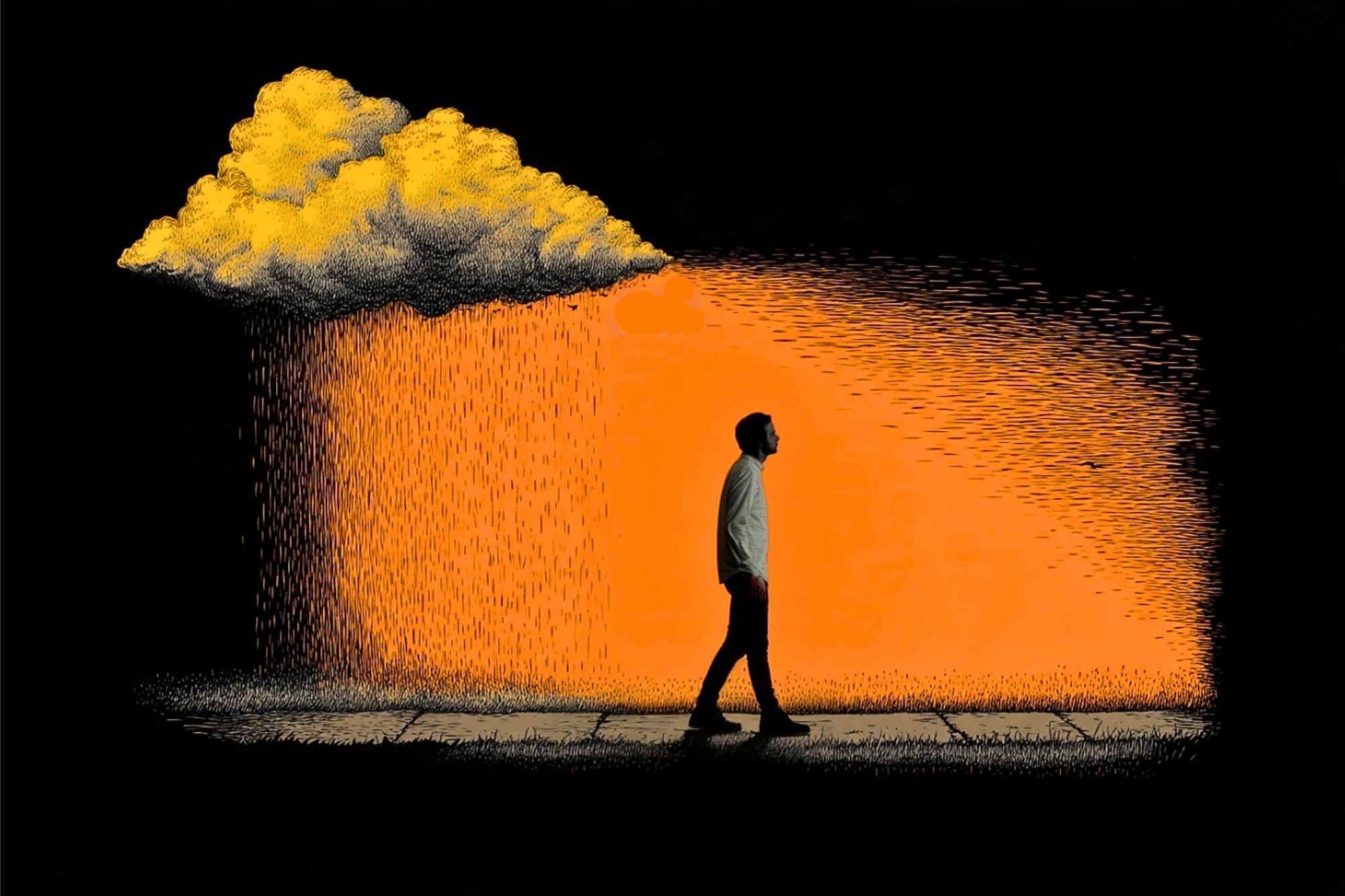 A silhouette of a person walking on a sidewalk under a rain cloud, set against a bright orange background.