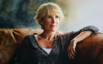 A realistic painting of a blonde woman resting on a leather sofa, looking toward her right.