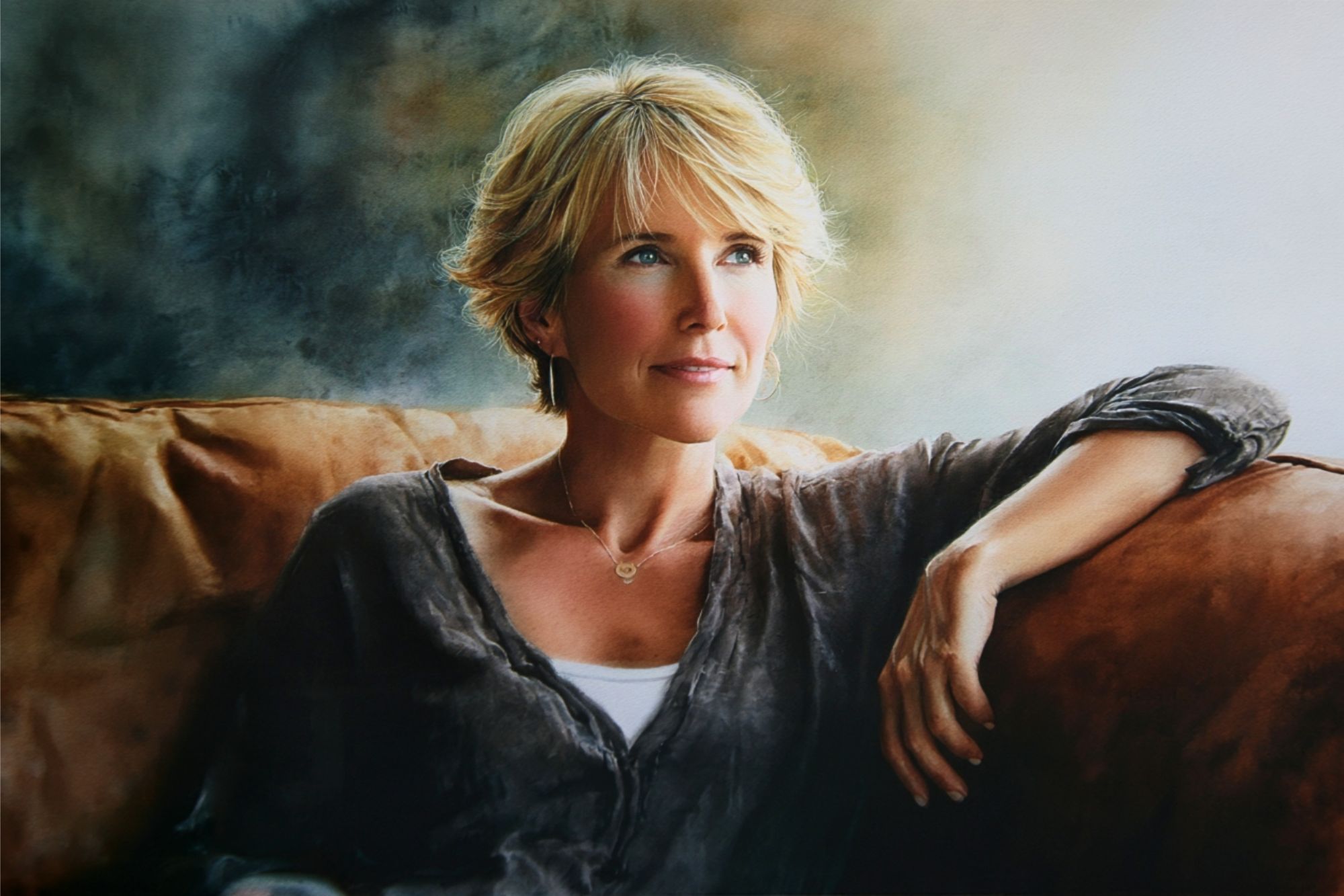 A realistic painting of a blonde woman resting on a leather sofa, looking toward her right.