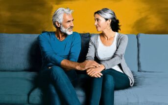 A middle-aged man and woman sitting on a sofa, looking at each other and holding hands.
