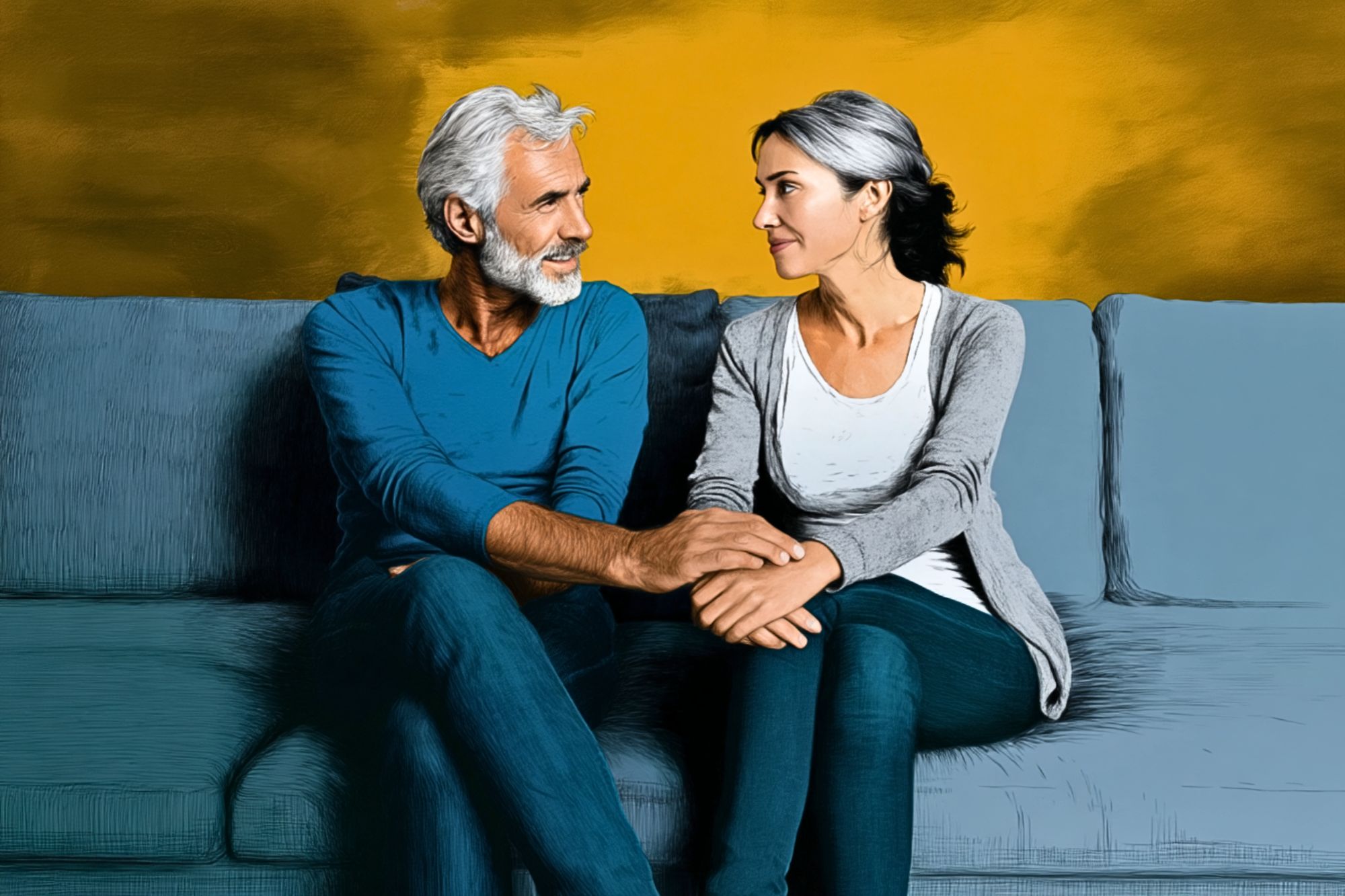 A middle-aged man and woman sitting on a sofa, looking at each other and holding hands.