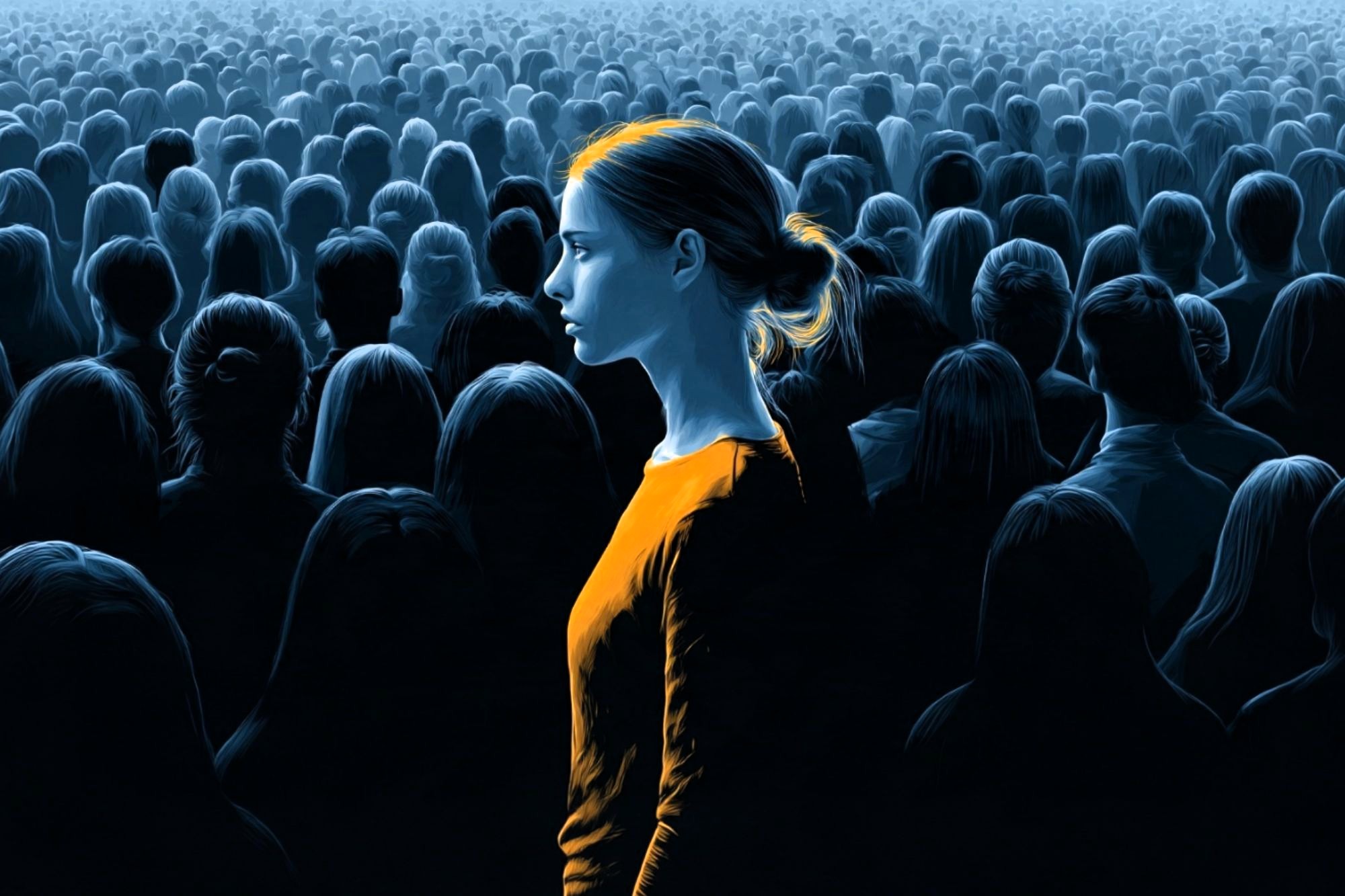 A young woman in a glowing orange shirt stands in profile amidst a vast, dimly lit crowd of people shown in silhouette.