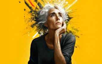 An illustration of a woman with grey hair resting her chin on her hand, looking upward against a vibrant yellow background with abstract black paint splatters.