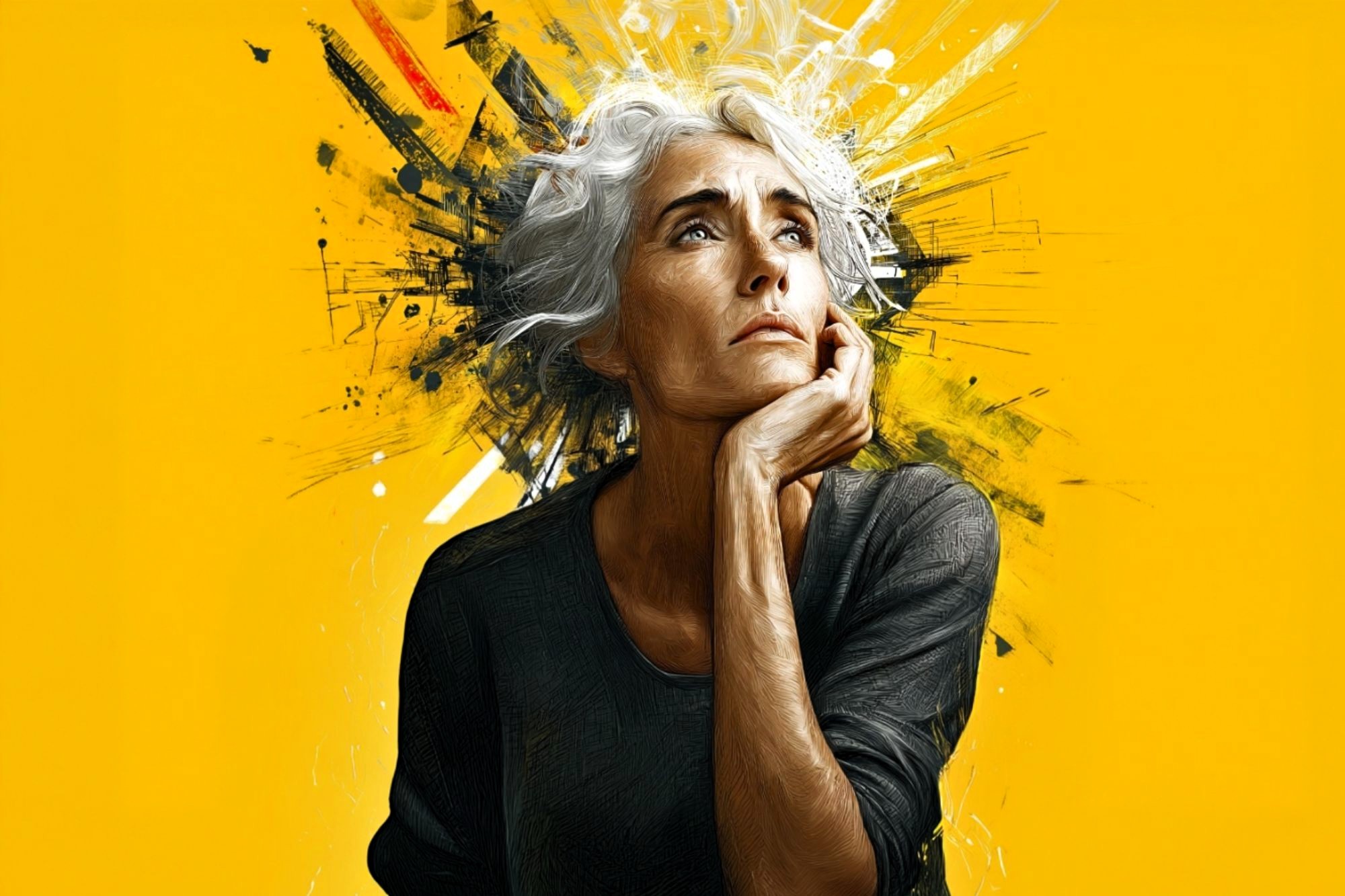 An illustration of a woman with grey hair resting her chin on her hand, looking upward against a vibrant yellow background with abstract black paint splatters.