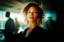 A woman with curly hair looking directly at the camera in a sunlit office with two colleagues blurred in the background.