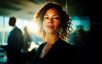 A woman with curly hair looking directly at the camera in a sunlit office with two colleagues blurred in the background.