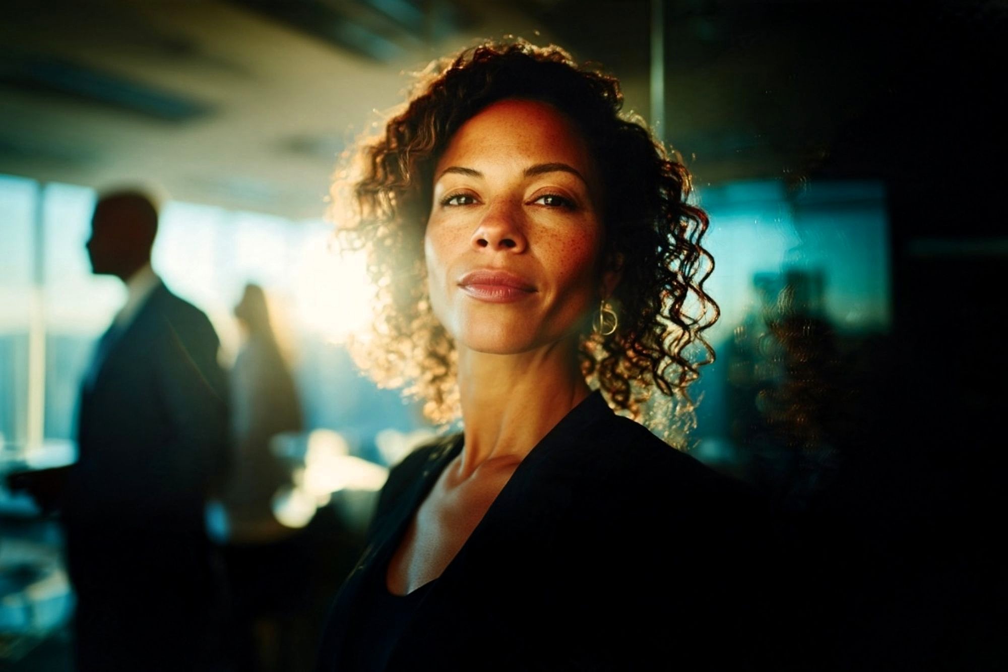 A woman with curly hair looking directly at the camera in a sunlit office with two colleagues blurred in the background.