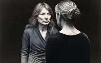 A woman with long hair looking at her own reflection in a mirror.