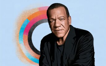 A man in a black jacket poses in front of a colorful circular pattern on a light blue background. The image has a digital, illustrated style.
