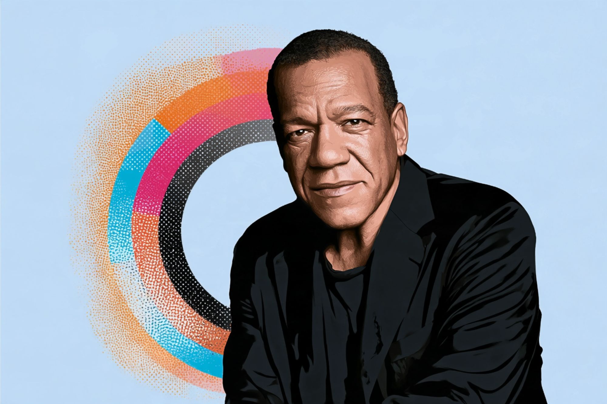 A man in a black jacket poses in front of a colorful circular pattern on a light blue background. The image has a digital, illustrated style.